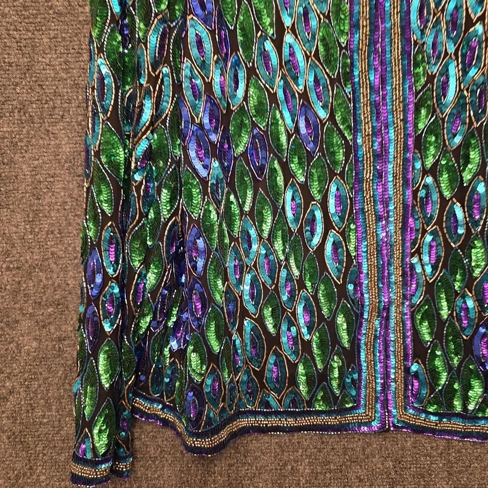 Vtg‎ Laurence Kazar Jacket Womens Large Multicolor Silk Beaded Sequin Peacock